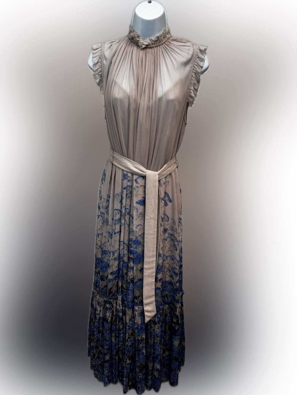 Zimmermann very pale pink Maxi Dress with Blue Floral Print and Sash